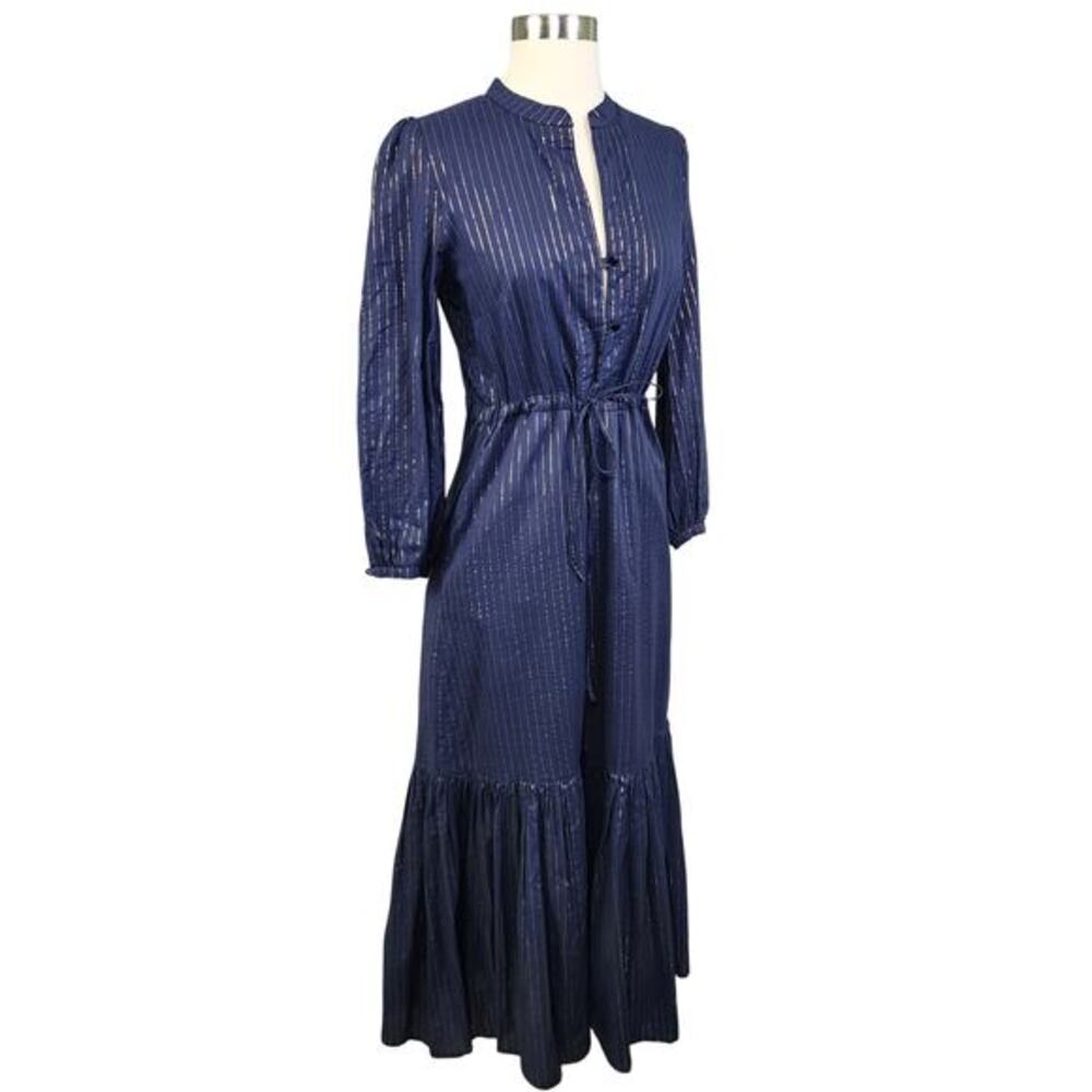Emerson Frye Womens Frances‎ Maxi Dress 2 Size XS Navy Gold Maritime Lurex India - Picture 4 of 13